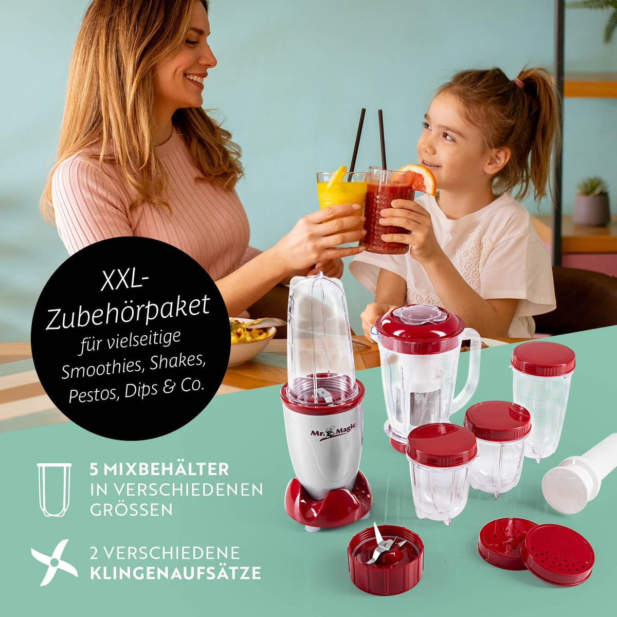 GOURMETmaxx Mr. Magic Mixer | Smoothie Maker mit XXL-Zubehörpaket | Standmixer 18-tlg. | Blender mit auslaufsicheren Frischhaltedeckeln | Food Processor für Shakes, Smoothies etc.