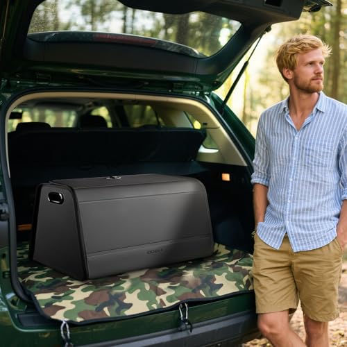 Ergocar Kofferraum Organizer, PU-Leder Autotasche Auto Kofferraum Box mit Deckel, Zusammenklappbarer Aufbewahrungsbox mit Fächern, Wasserfeste Langlebig, Rutschfester Boden, 180° Öffnung