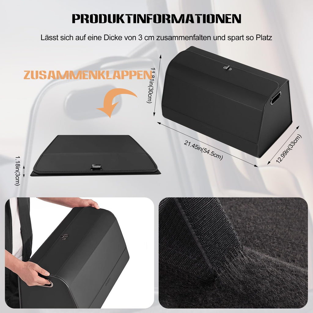 Ergocar Kofferraum Organizer, PU-Leder Autotasche Auto Kofferraum Box mit Deckel, Zusammenklappbarer Aufbewahrungsbox mit Fächern, Wasserfeste Langlebig, Rutschfester Boden, 180° Öffnung