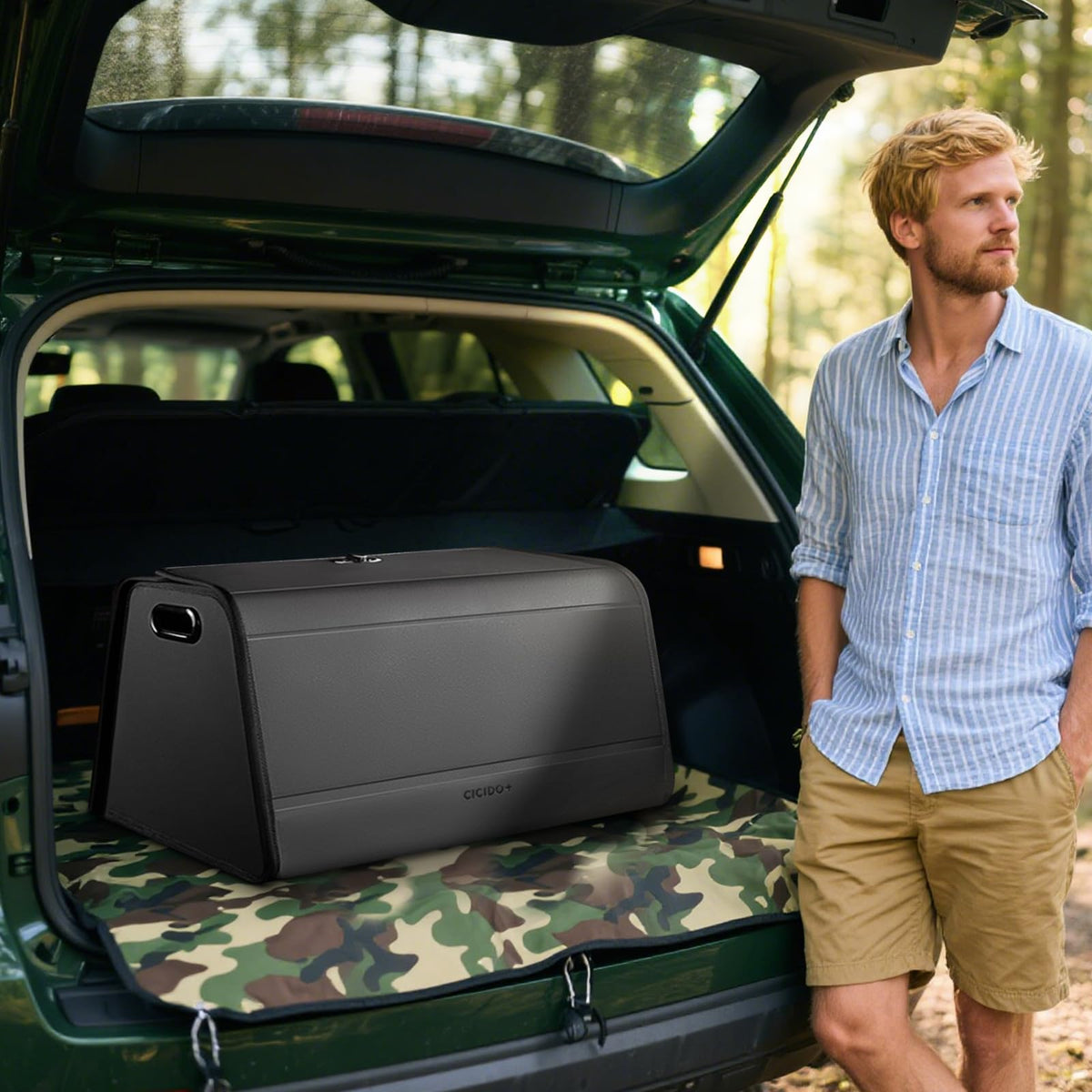 Ergocar Kofferraum Organizer, PU-Leder Autotasche Auto Kofferraum Box mit Deckel, Zusammenklappbarer Aufbewahrungsbox mit Fächern, Wasserfeste Langlebig, Rutschfester Boden, 180° Öffnung