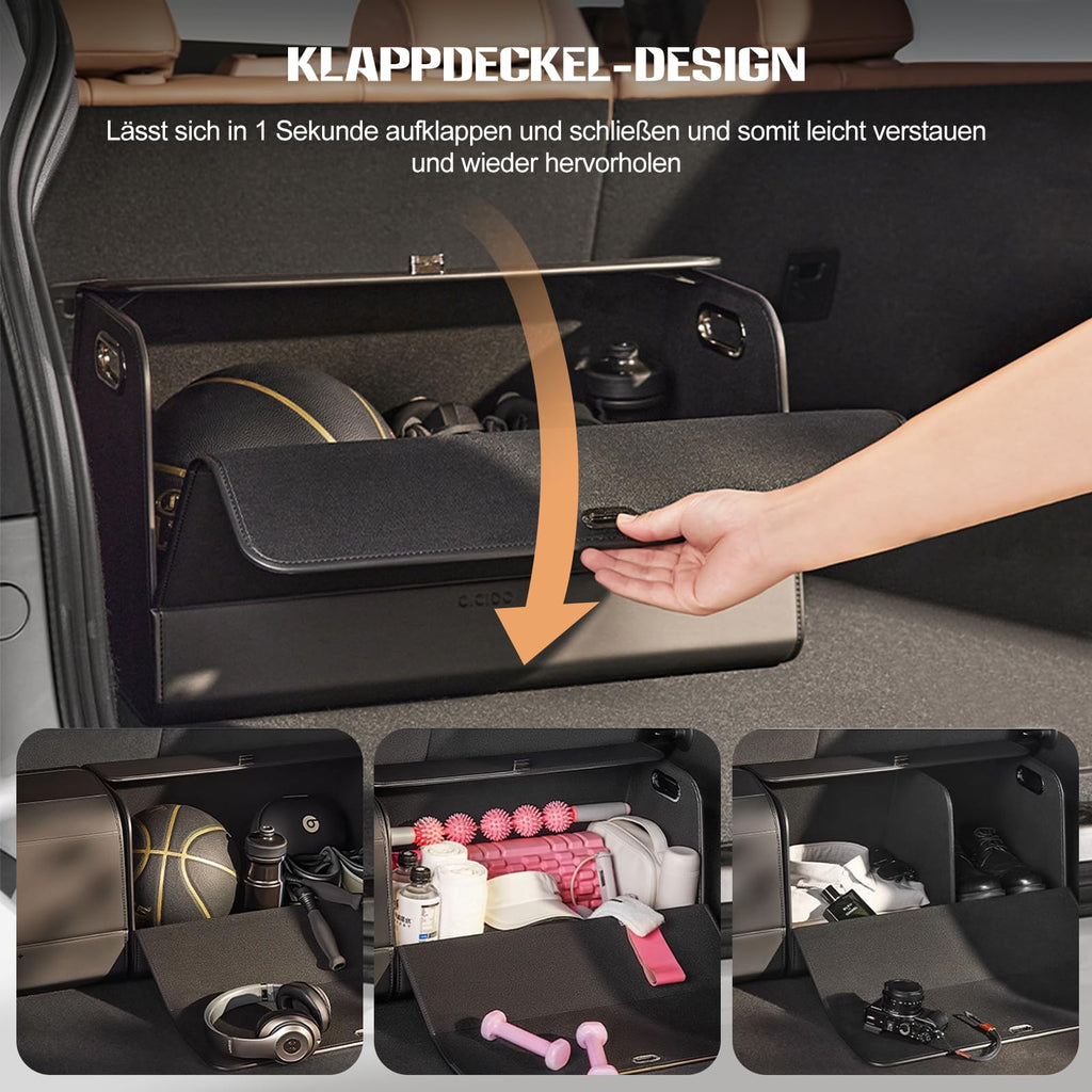 Ergocar Kofferraum Organizer, PU-Leder Autotasche Auto Kofferraum Box mit Deckel, Zusammenklappbarer Aufbewahrungsbox mit Fächern, Wasserfeste Langlebig, Rutschfester Boden, 180° Öffnung