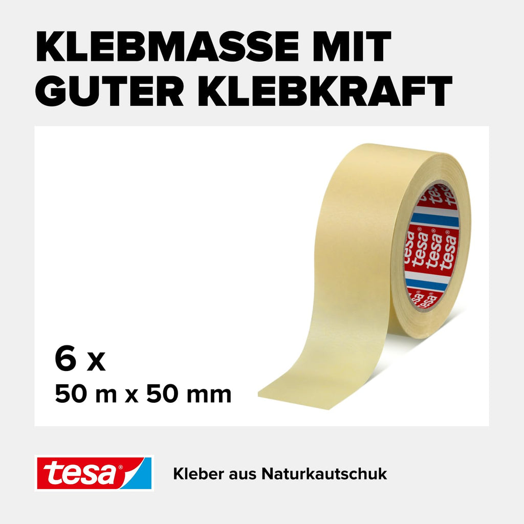 tesa tesakrepp 4323 Basic im 6er Pack - Elastisches Allzweck-Malerband für alle gängigen Malerarbeiten - hellbeige - 6 Rollen je 50 m x 50 mm