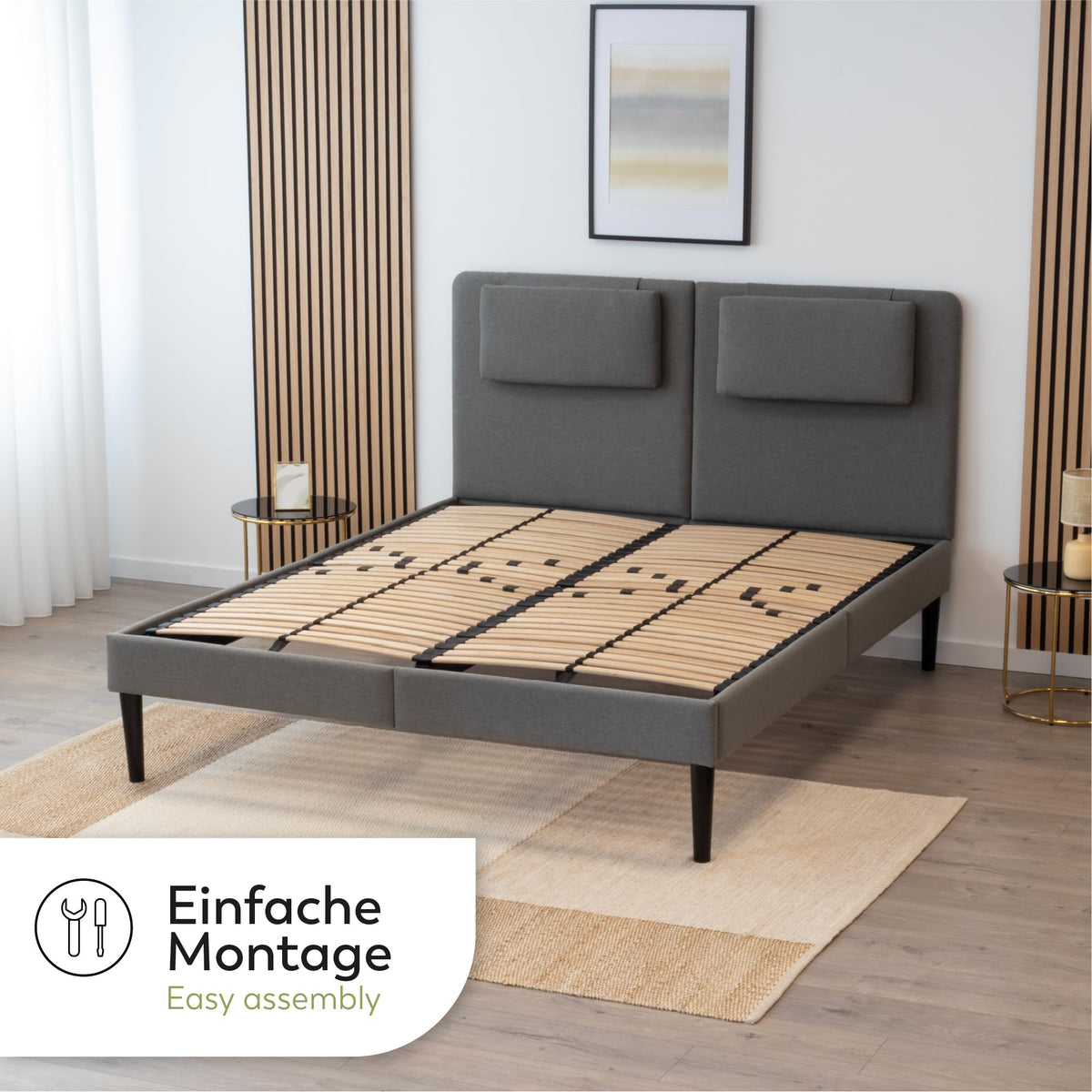 i-flair Grace Lattenrost 140x200 cm, extra stabil, Metallrahmen, 56 Schichtholz-Federleisten, 12-Fach Härtegradverstellung, Mittelgurt & Mittelzone, hohe Belastbarkeit bis 300 kg – EN 1725 geprüft