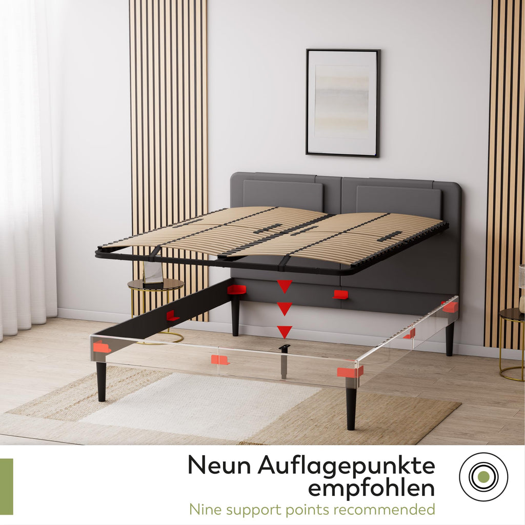 i-flair Grace Lattenrost 140x200 cm, extra stabil, Metallrahmen, 56 Schichtholz-Federleisten, 12-Fach Härtegradverstellung, Mittelgurt & Mittelzone, hohe Belastbarkeit bis 300 kg – EN 1725 geprüft