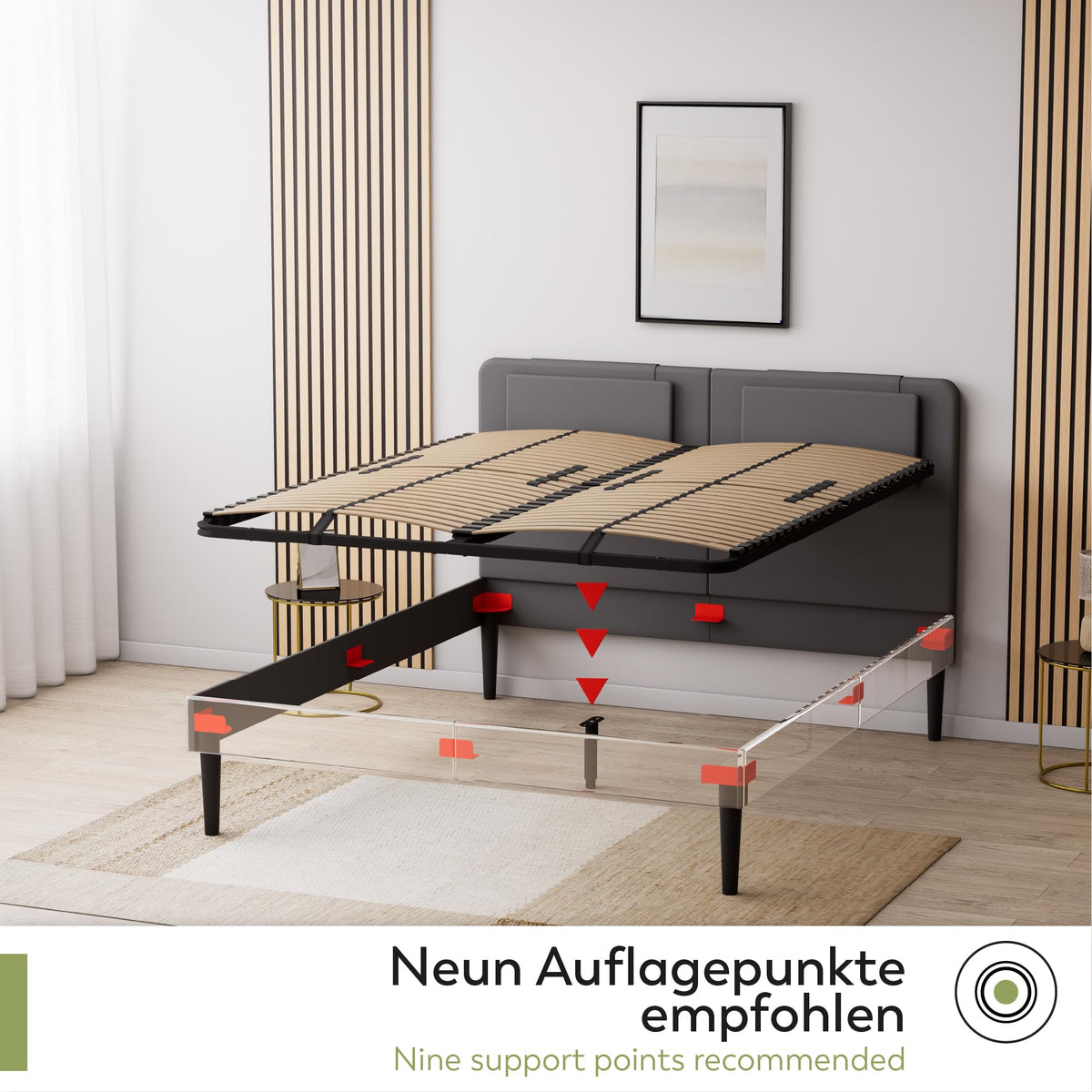 i-flair Grace Lattenrost 140x200 cm, extra stabil, Metallrahmen, 56 Schichtholz-Federleisten, 12-Fach Härtegradverstellung, Mittelgurt & Mittelzone, hohe Belastbarkeit bis 300 kg – EN 1725 geprüft