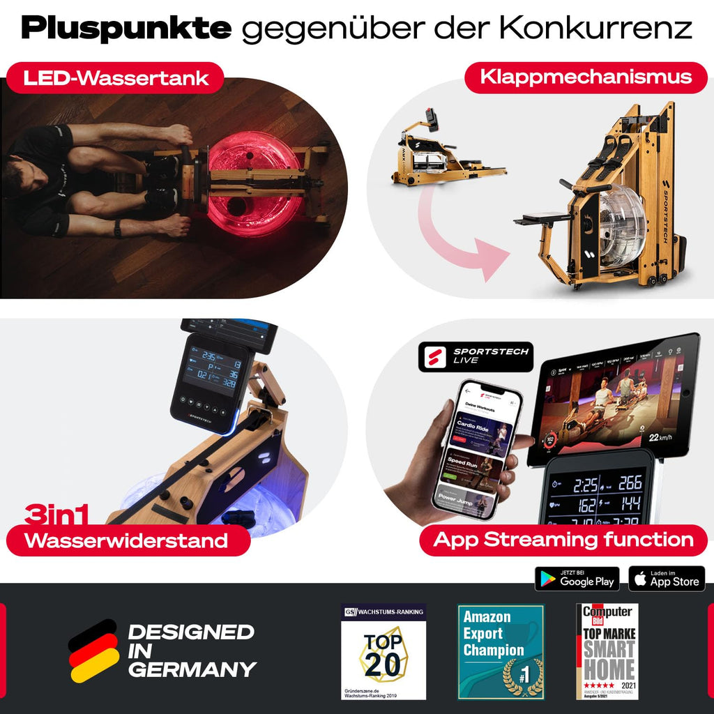Sportstech, Wasserrudergerät + 3-Fach individuell verstellbar WRX1000