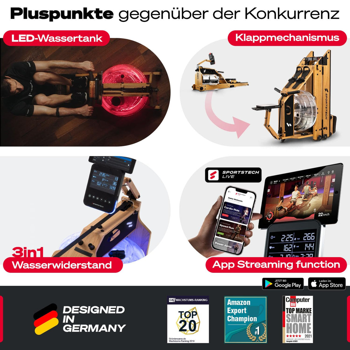 Sportstech, Wasserrudergerät + 3-Fach individuell verstellbar WRX1000
