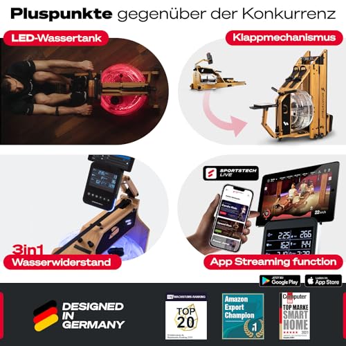 Sportstech, Wasserrudergerät + 3-Fach individuell verstellbar WRX1000