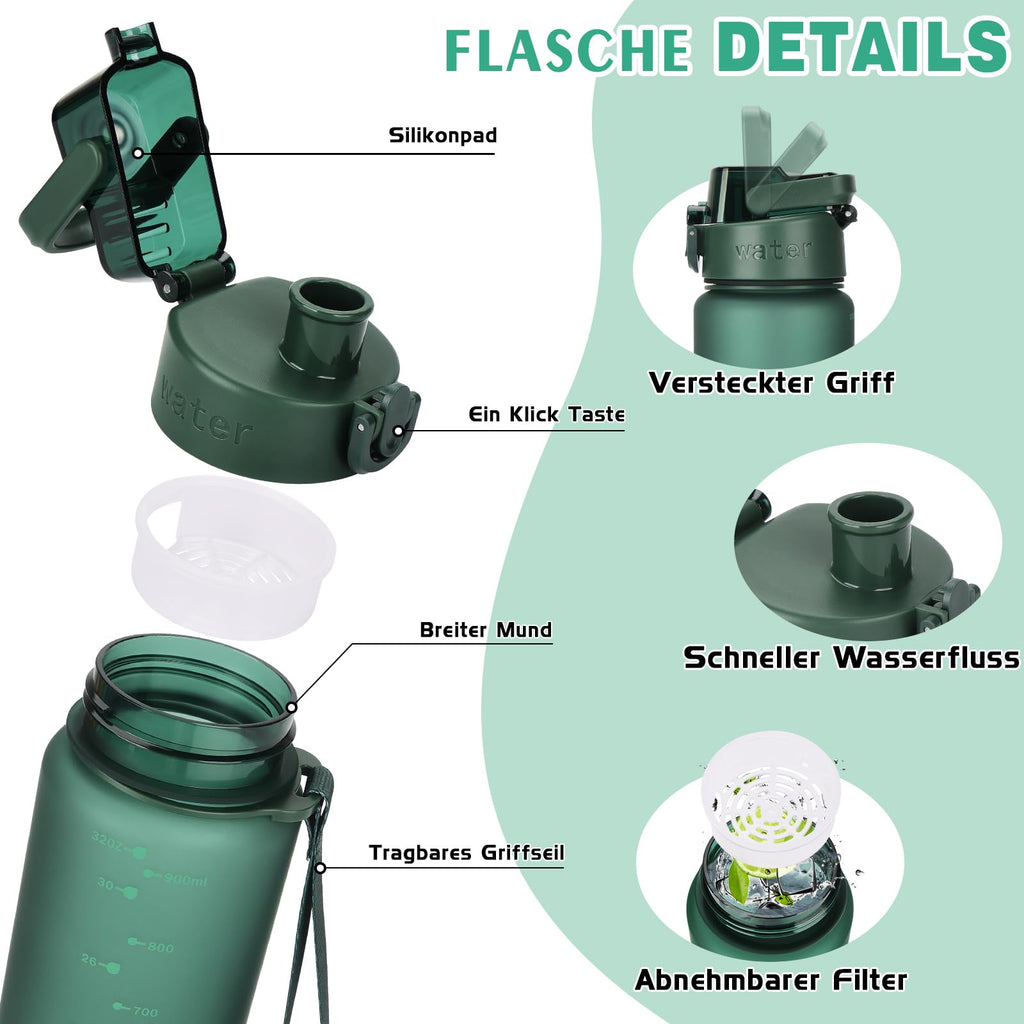 AOPREL Trinkflasche 1L Tritan BPA-Frei Wasserflasche Mit Filter