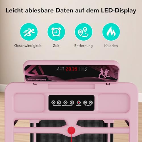 CITYSPORTS Elektrisches Laufband,Klappbares Laufband für Zuhause bis 12 km/h,mit LED-Anzeige,APP und 360° Tablet Holder,kompakte Walking Pad für Zuhause und Büro (Pink)