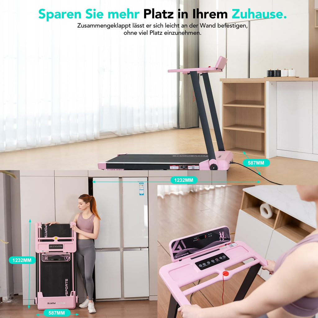 CITYSPORTS Elektrisches Laufband,Klappbares Laufband für Zuhause bis 12 km/h,mit LED-Anzeige,APP und 360° Tablet Holder,kompakte Walking Pad für Zuhause und Büro (Pink)