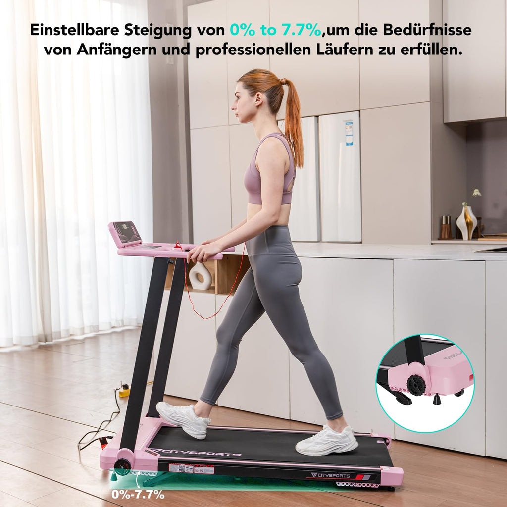 CITYSPORTS Elektrisches Laufband,Klappbares Laufband für Zuhause bis 12 km/h,mit LED-Anzeige,APP und 360° Tablet Holder,kompakte Walking Pad für Zuhause und Büro (Pink)
