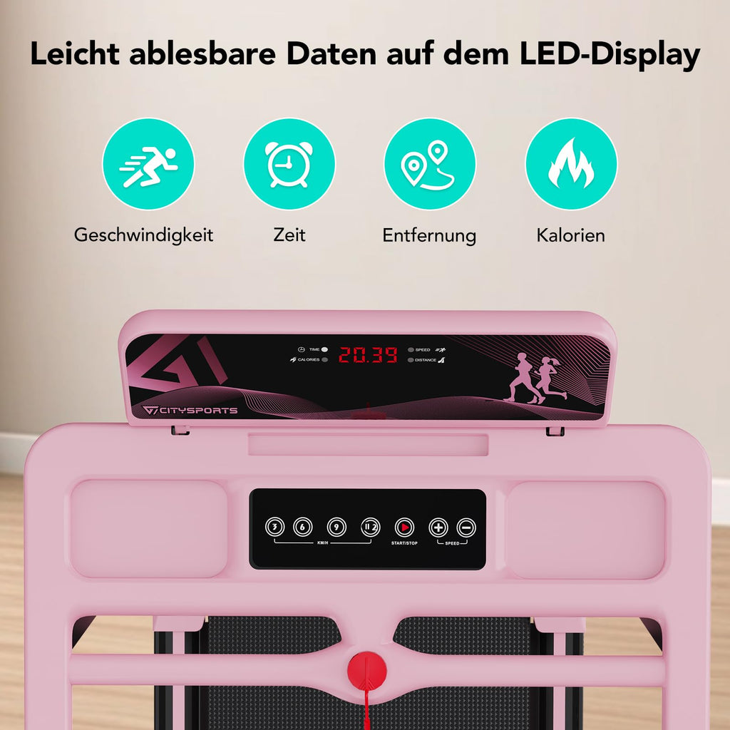 CITYSPORTS Elektrisches Laufband,Klappbares Laufband für Zuhause bis 12 km/h,mit LED-Anzeige,APP und 360° Tablet Holder,kompakte Walking Pad für Zuhause und Büro (Pink)