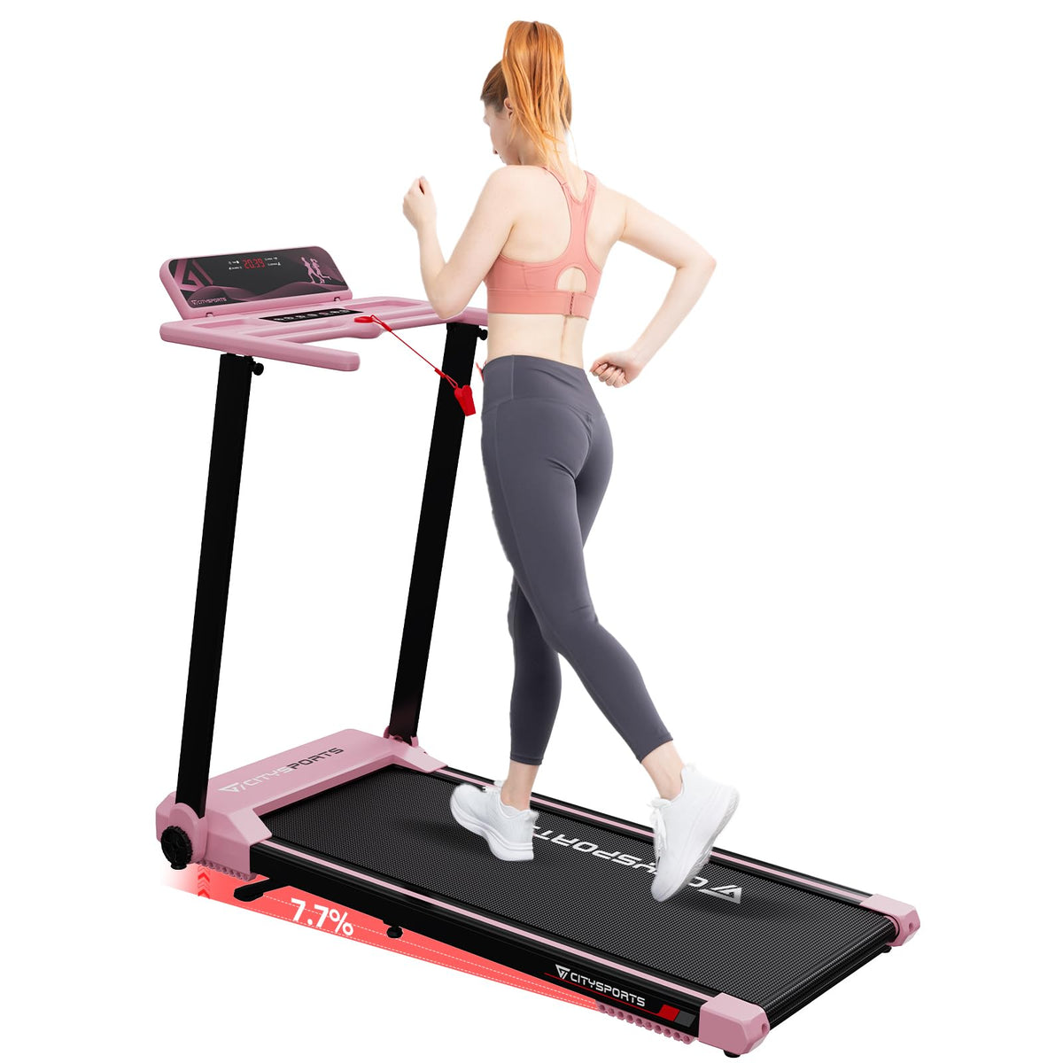 CITYSPORTS Elektrisches Laufband,Klappbares Laufband für Zuhause bis 12 km/h,mit LED-Anzeige,APP und 360° Tablet Holder,kompakte Walking Pad für Zuhause und Büro (Pink)