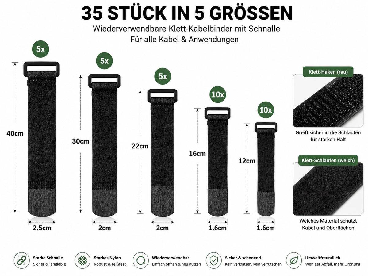35 Stück Klett Kabelbinder mit Schnalle, 5 Größen 12–40 cm, Wiederverschließbar, Wiederverwendbar,1,6–2,5 cm Breit, Klettband für Kabelmanagement und Kabelorganisation