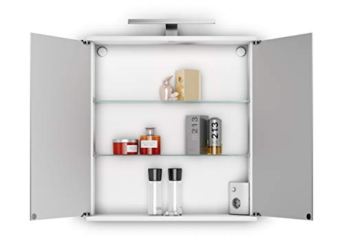 Jokey Spiegelschrank Kandi mit LED Beleuchtung 60 cm breit, Badezimmer Spiegelschrank aus MDF, inkl. Steckdose | Weiß