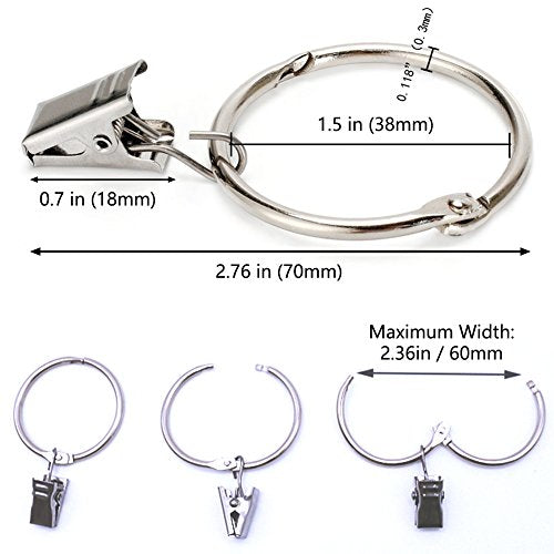 25 Stück Vorhangring mit Clips Haken, Rostfreier Stahl Fenster Gardinen Hängender Ring, Rostfreies Metall, Leicht zu öffnen und Schließen, 38 mm Innendurchmesser (Silber)