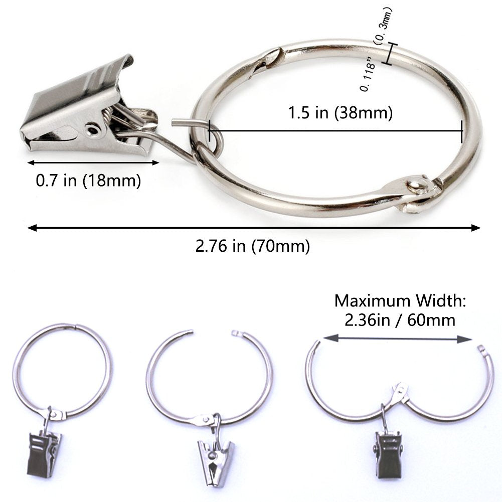 25 Stück Vorhangring mit Clips Haken, Rostfreier Stahl Fenster Gardinen Hängender Ring, Rostfreies Metall, Leicht zu öffnen und Schließen, 38 mm Innendurchmesser (Silber)