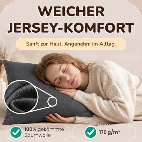 leevitex Kissenbezug 40 x 80 cm - 2er Set - 100% Baumwolle Jersey - Anthrazit | Öko-Tex Zertifiziert · mit verdecktem Reißverschluss · Kopfkissenbezug & Kissenhülle · 170 g/m² · Weich · Waschbar