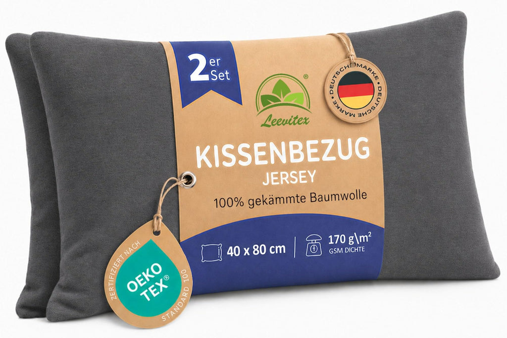 leevitex Kissenbezug 40 x 80 cm - 2er Set - 100% Baumwolle Jersey - Anthrazit | Öko-Tex Zertifiziert · mit verdecktem Reißverschluss · Kopfkissenbezug & Kissenhülle · 170 g/m² · Weich · Waschbar
