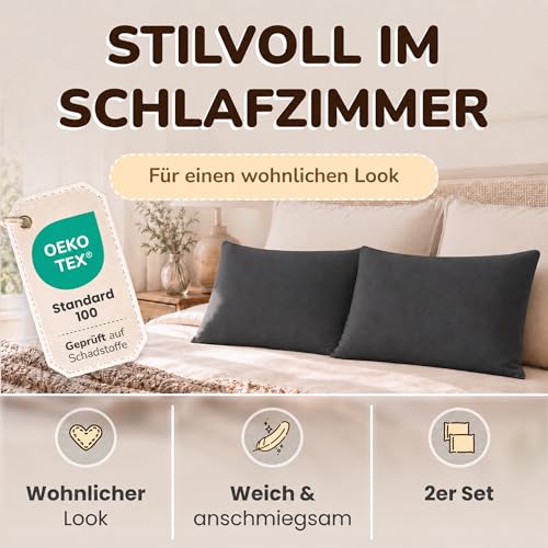 leevitex Kissenbezug 40 x 80 cm - 2er Set - 100% Baumwolle Jersey - Anthrazit | Öko-Tex Zertifiziert · mit verdecktem Reißverschluss · Kopfkissenbezug & Kissenhülle · 170 g/m² · Weich · Waschbar