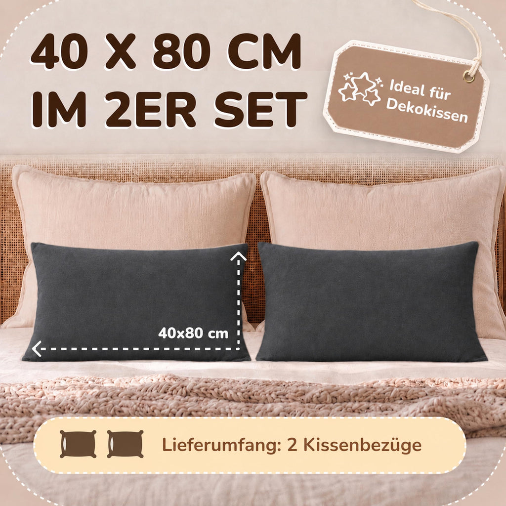 leevitex Kissenbezug 40 x 80 cm - 2er Set - 100% Baumwolle Jersey - Anthrazit | Öko-Tex Zertifiziert · mit verdecktem Reißverschluss · Kopfkissenbezug & Kissenhülle · 170 g/m² · Weich · Waschbar