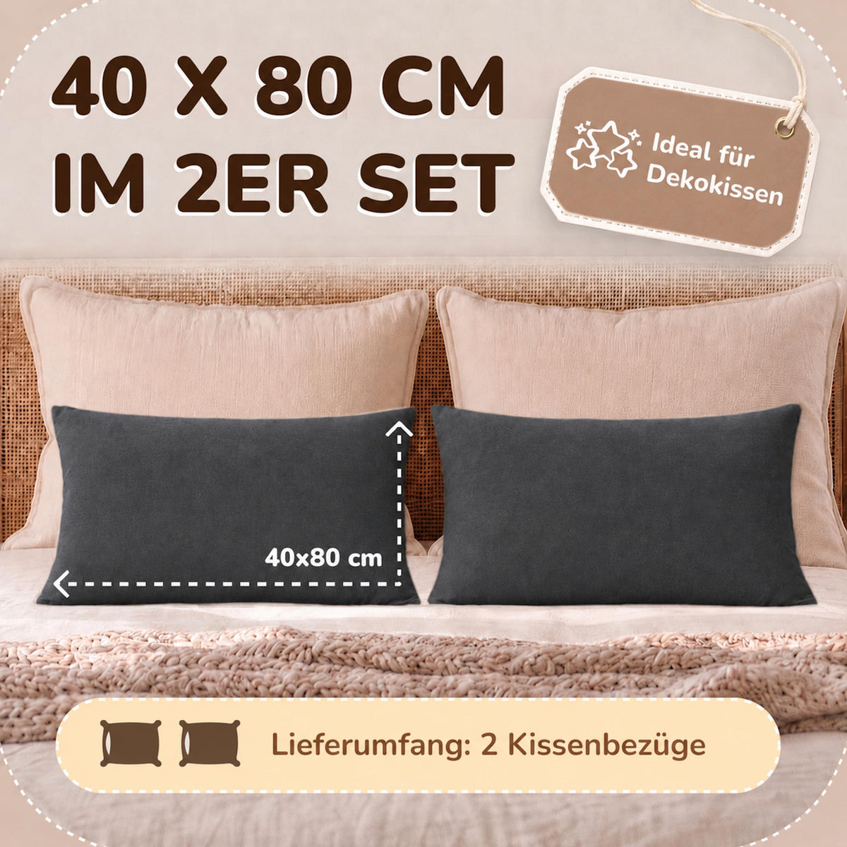 leevitex Kissenbezug 40 x 80 cm - 2er Set - 100% Baumwolle Jersey - Anthrazit | Öko-Tex Zertifiziert · mit verdecktem Reißverschluss · Kopfkissenbezug & Kissenhülle · 170 g/m² · Weich · Waschbar