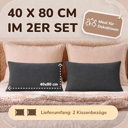 leevitex Kissenbezug 40 x 80 cm - 2er Set - 100% Baumwolle Jersey - Anthrazit | Öko-Tex Zertifiziert · mit verdecktem Reißverschluss · Kopfkissenbezug & Kissenhülle · 170 g/m² · Weich · Waschbar