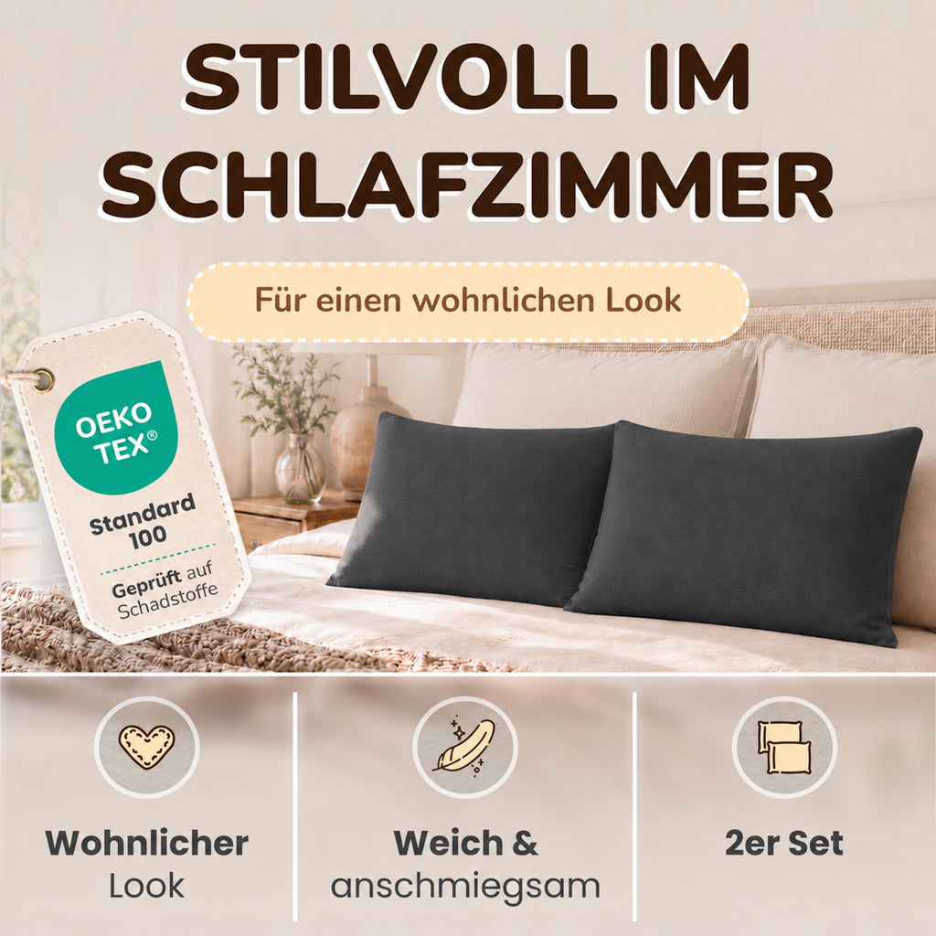 leevitex Kissenbezug 40 x 80 cm - 2er Set - 100% Baumwolle Jersey - Anthrazit | Öko-Tex Zertifiziert · mit verdecktem Reißverschluss · Kopfkissenbezug & Kissenhülle · 170 g/m² · Weich · Waschbar
