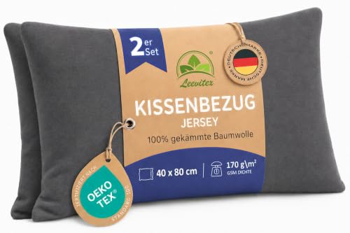 leevitex Kissenbezug 40 x 80 cm - 2er Set - 100% Baumwolle Jersey - Anthrazit | Öko-Tex Zertifiziert · mit verdecktem Reißverschluss · Kopfkissenbezug & Kissenhülle · 170 g/m² · Weich · Waschbar