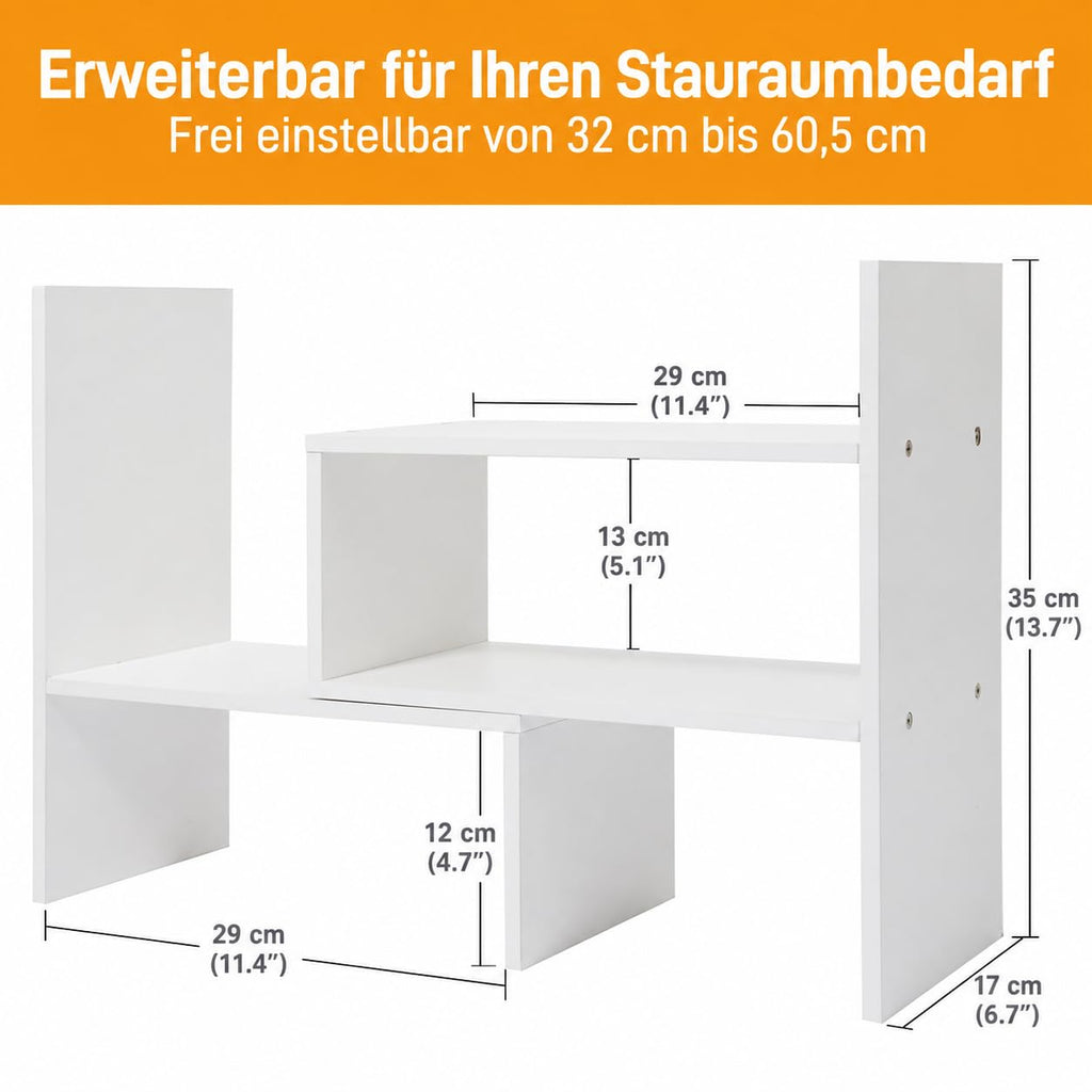 Schreibtisch Regalaufsatz aus Holz, verstellbares Bücherregal klein, platzsparender Organizer für Schreibtisch, Buchstütze & Ablage für Zuhause, Büro, Schule, 29x17x35 cm, weiß
