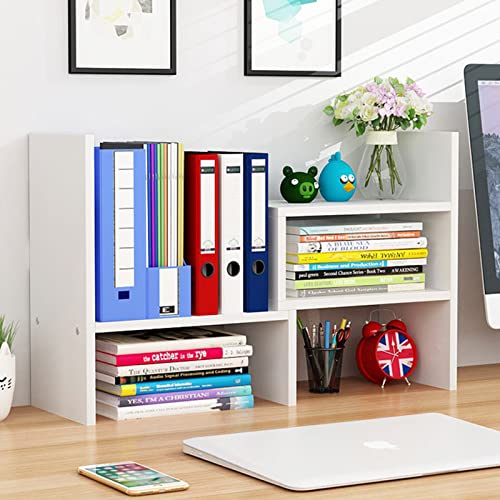 Schreibtisch Regalaufsatz aus Holz, verstellbares Bücherregal klein, platzsparender Organizer für Schreibtisch, Buchstütze & Ablage für Zuhause, Büro, Schule, 29x17x35 cm, weiß