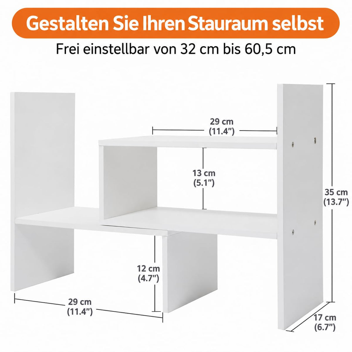 Schreibtisch Regalaufsatz aus Holz, verstellbares Bücherregal klein, platzsparender Organizer für Schreibtisch, Buchstütze & Ablage für Zuhause, Büro, Schule, 29x17x35 cm, weiß