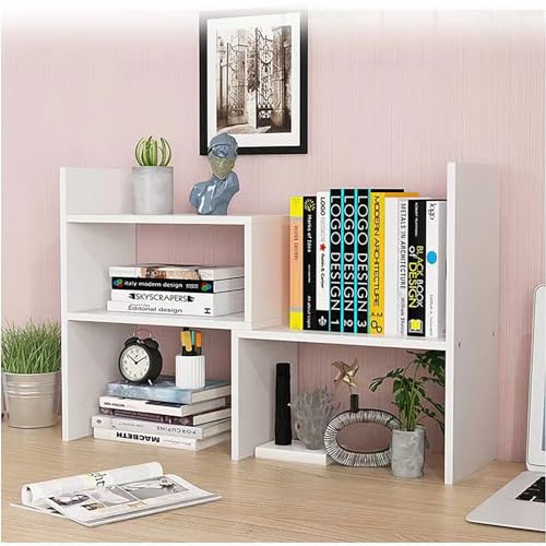 Schreibtisch Regalaufsatz aus Holz, verstellbares Bücherregal klein, platzsparender Organizer für Schreibtisch, Buchstütze & Ablage für Zuhause, Büro, Schule, 29x17x35 cm, weiß