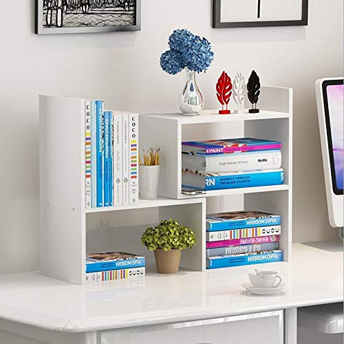 Schreibtisch Regalaufsatz aus Holz, verstellbares Bücherregal klein, platzsparender Organizer für Schreibtisch, Buchstütze & Ablage für Zuhause, Büro, Schule, 29x17x35 cm, weiß