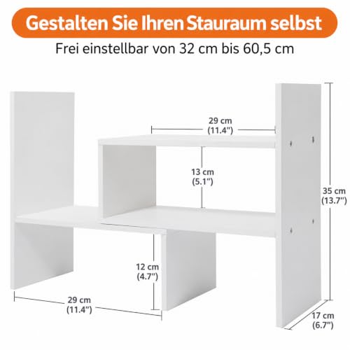 Schreibtisch Regalaufsatz aus Holz, verstellbares Bücherregal klein, platzsparender Organizer für Schreibtisch, Buchstütze & Ablage für Zuhause, Büro, Schule, 29x17x35 cm, weiß