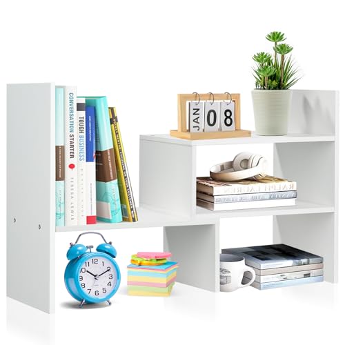 Schreibtisch Regalaufsatz aus Holz, verstellbares Bücherregal klein, platzsparender Organizer für Schreibtisch, Buchstütze & Ablage für Zuhause, Büro, Schule, 29x17x35 cm, weiß