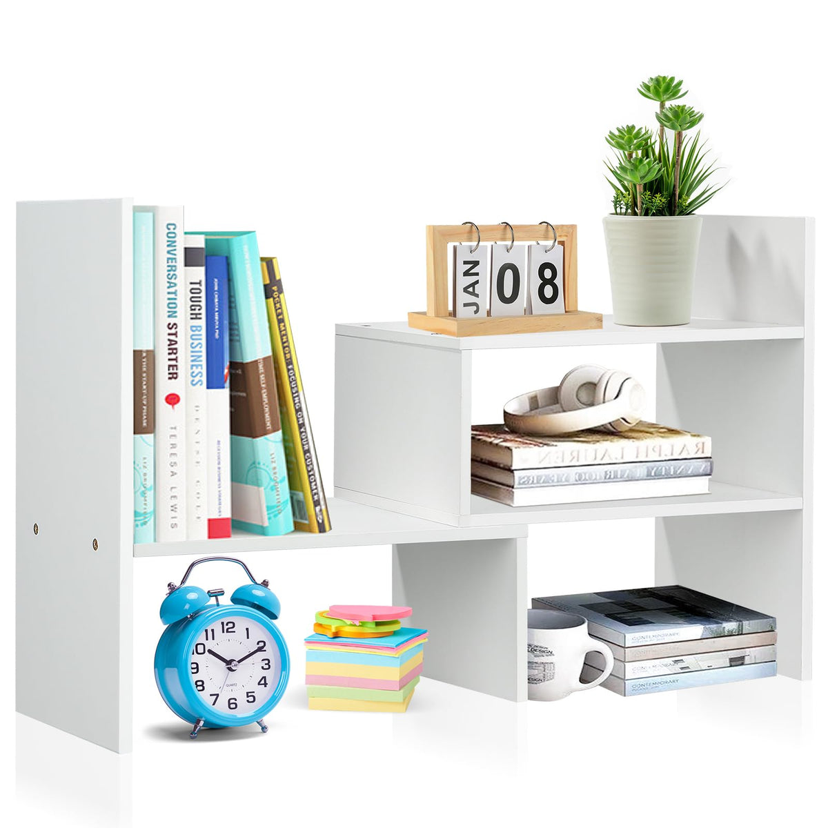 Schreibtisch Regalaufsatz aus Holz, verstellbares Bücherregal klein, platzsparender Organizer für Schreibtisch, Buchstütze & Ablage für Zuhause, Büro, Schule, 29x17x35 cm, weiß