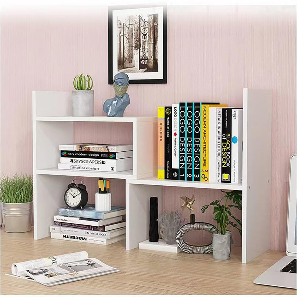 Schreibtisch Regalaufsatz aus Holz, verstellbares Bücherregal klein, platzsparender Organizer für Schreibtisch, Buchstütze & Ablage für Zuhause, Büro, Schule, 29x17x35 cm, weiß
