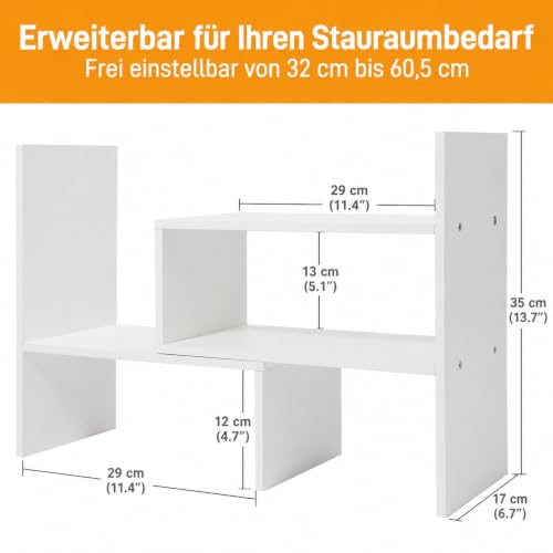 Schreibtisch Regalaufsatz aus Holz, verstellbares Bücherregal klein, platzsparender Organizer für Schreibtisch, Buchstütze & Ablage für Zuhause, Büro, Schule, 29x17x35 cm, weiß