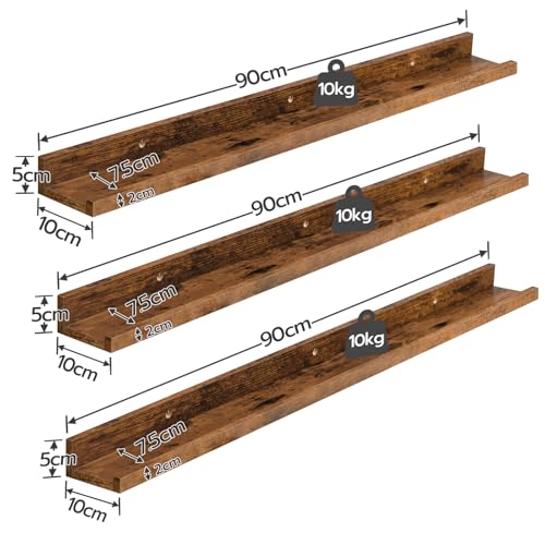 HOOBRO Wandregale, Schweberegale, Regal Wand 3er-Set, 90 cm Hängeregale mit erhöhten Kanten, Regalbrett für Badezimmer, Schlafzimmer, Küche, Büro, Wohnzimmerdekoration, Vintagebraun EBF90BJ01