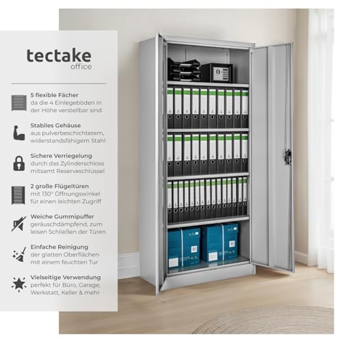 tectake® Aktenschrank, 180 x 90 x 40 cm, Büroschrank abschließbar, Mehrzweckschrank aus Stahl, Allzweckschrank, mit 2 Türen, Ink. 5 höhenverstellbare Einlegeböden, Aktenschrank abschließbar - grau