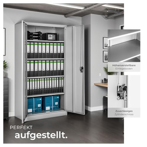 tectake® Aktenschrank, 180 x 90 x 40 cm, Büroschrank abschließbar, Mehrzweckschrank aus Stahl, Allzweckschrank, mit 2 Türen, Ink. 5 höhenverstellbare Einlegeböden, Aktenschrank abschließbar - grau