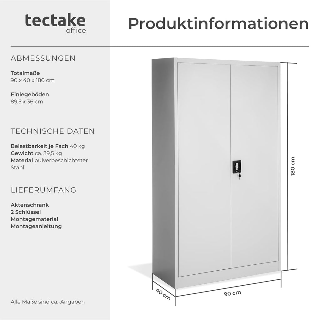 tectake® Aktenschrank, 180 x 90 x 40 cm, Büroschrank abschließbar, Mehrzweckschrank aus Stahl, Allzweckschrank, mit 2 Türen, Ink. 5 höhenverstellbare Einlegeböden, Aktenschrank abschließbar - grau
