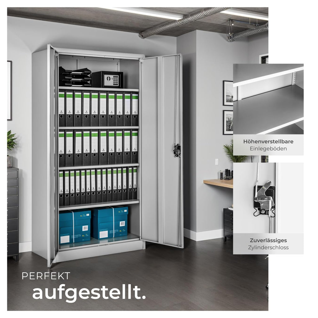 tectake® Aktenschrank, 180 x 90 x 40 cm, Büroschrank abschließbar, Mehrzweckschrank aus Stahl, Allzweckschrank, mit 2 Türen, Ink. 5 höhenverstellbare Einlegeböden, Aktenschrank abschließbar - grau