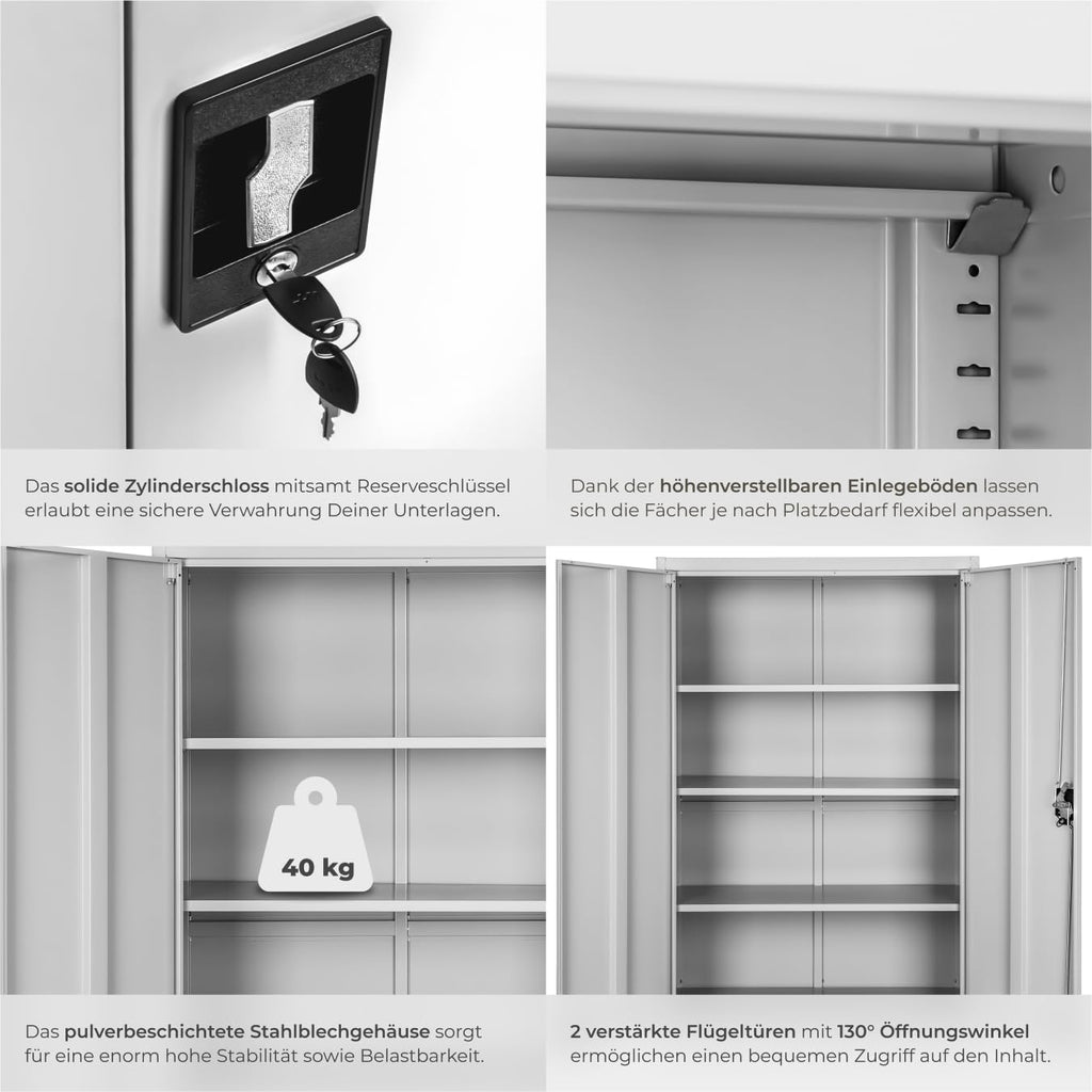 tectake® Aktenschrank, 180 x 90 x 40 cm, Büroschrank abschließbar, Mehrzweckschrank aus Stahl, Allzweckschrank, mit 2 Türen, Ink. 5 höhenverstellbare Einlegeböden, Aktenschrank abschließbar - grau