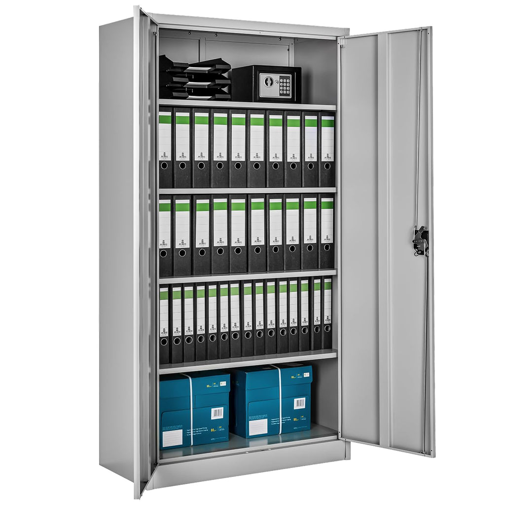 tectake® Aktenschrank, 180 x 90 x 40 cm, Büroschrank abschließbar, Mehrzweckschrank aus Stahl, Allzweckschrank, mit 2 Türen, Ink. 5 höhenverstellbare Einlegeböden, Aktenschrank abschließbar - grau
