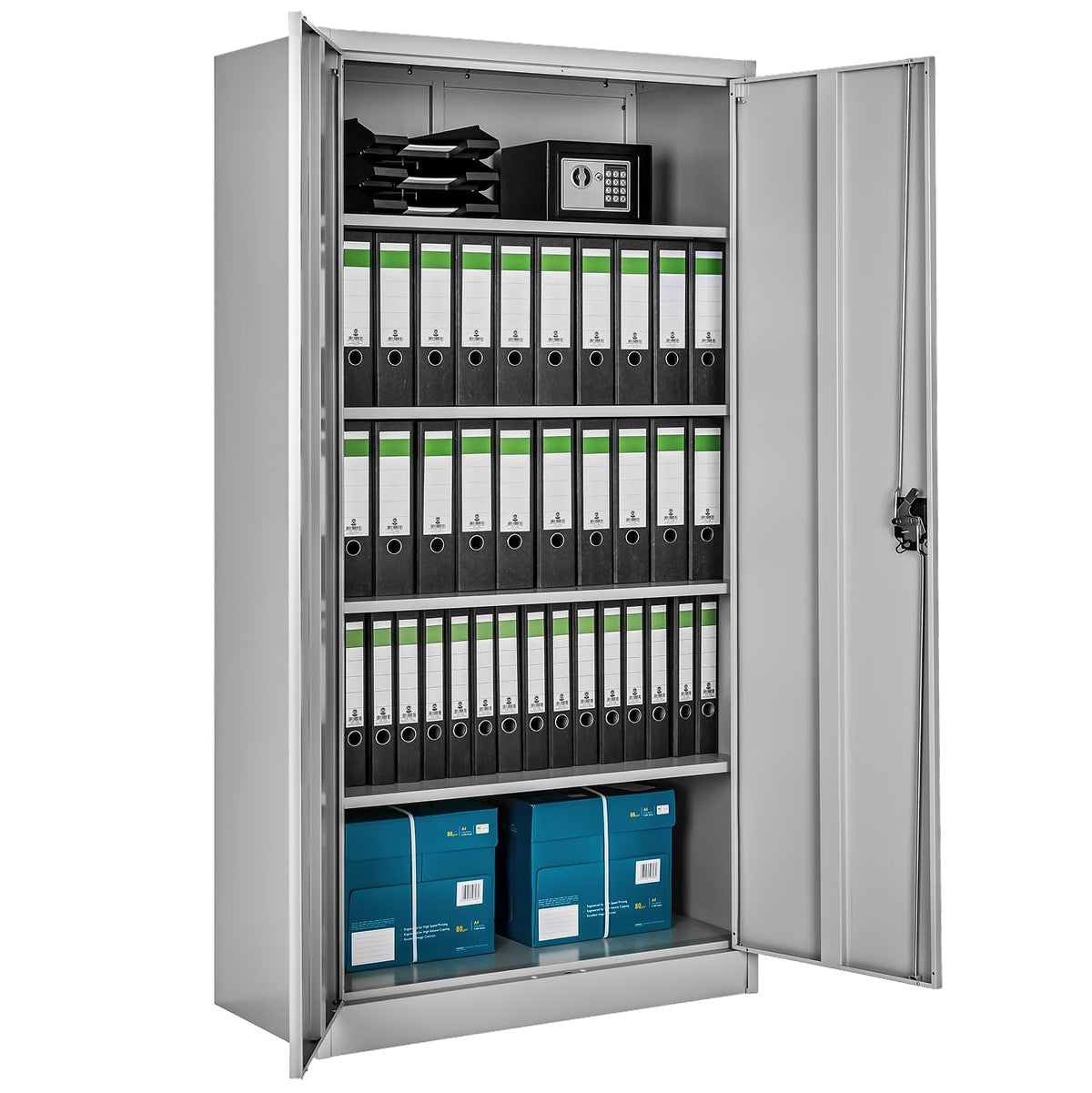 tectake® Aktenschrank, 180 x 90 x 40 cm, Büroschrank abschließbar, Mehrzweckschrank aus Stahl, Allzweckschrank, mit 2 Türen, Ink. 5 höhenverstellbare Einlegeböden, Aktenschrank abschließbar - grau