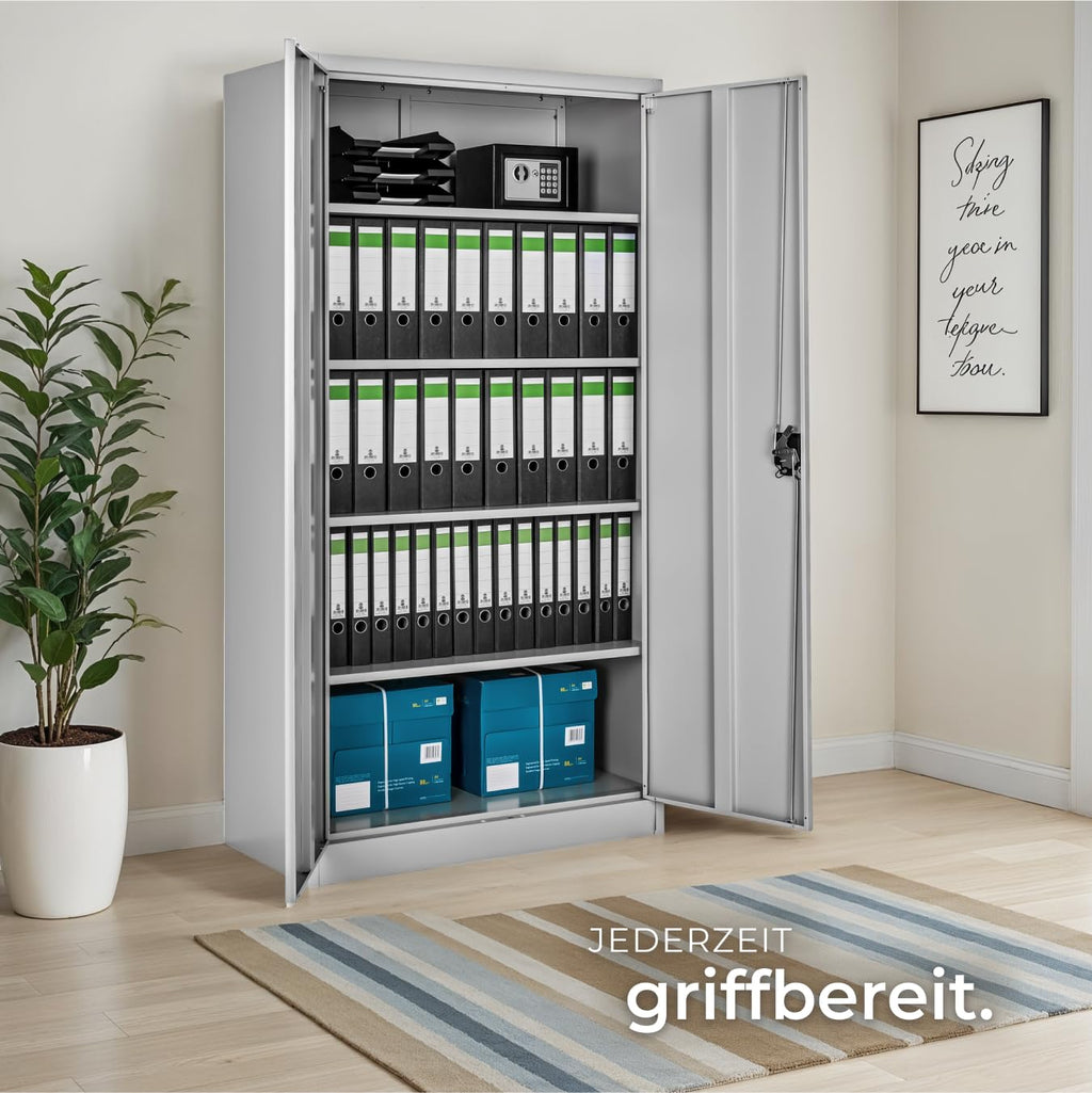 tectake® Aktenschrank, 180 x 90 x 40 cm, Büroschrank abschließbar, Mehrzweckschrank aus Stahl, Allzweckschrank, mit 2 Türen, Ink. 5 höhenverstellbare Einlegeböden, Aktenschrank abschließbar - grau