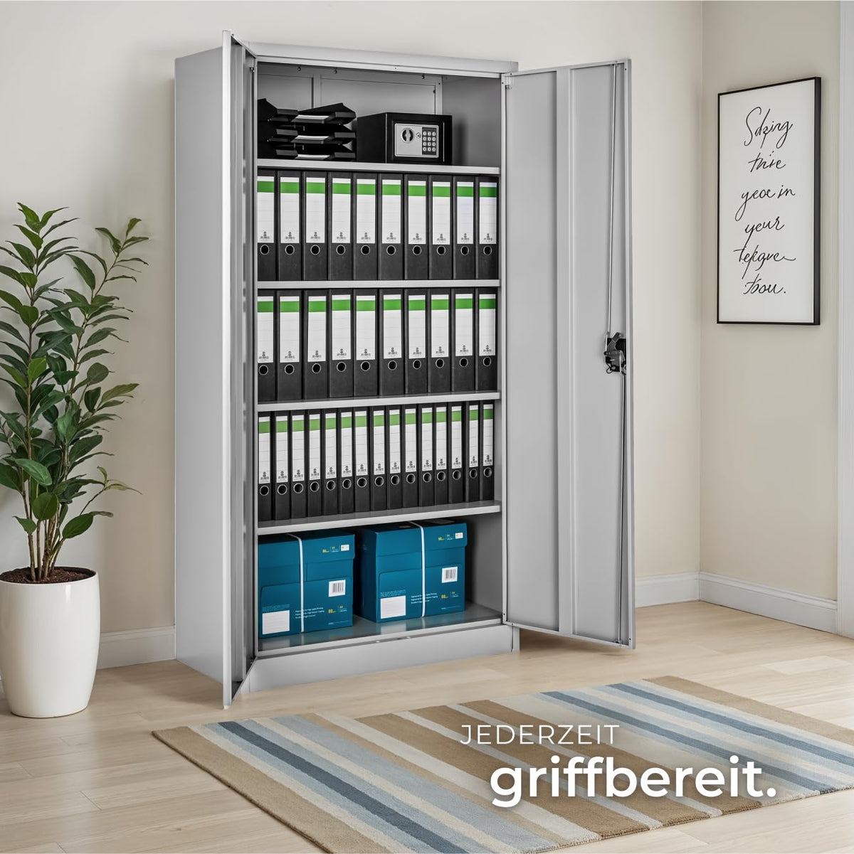 tectake® Aktenschrank, 180 x 90 x 40 cm, Büroschrank abschließbar, Mehrzweckschrank aus Stahl, Allzweckschrank, mit 2 Türen, Ink. 5 höhenverstellbare Einlegeböden, Aktenschrank abschließbar - grau